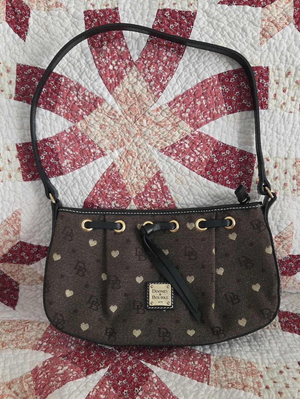 Dooney & Bourke Brown Heart-Print Shoulder Bag with Gold Hardware